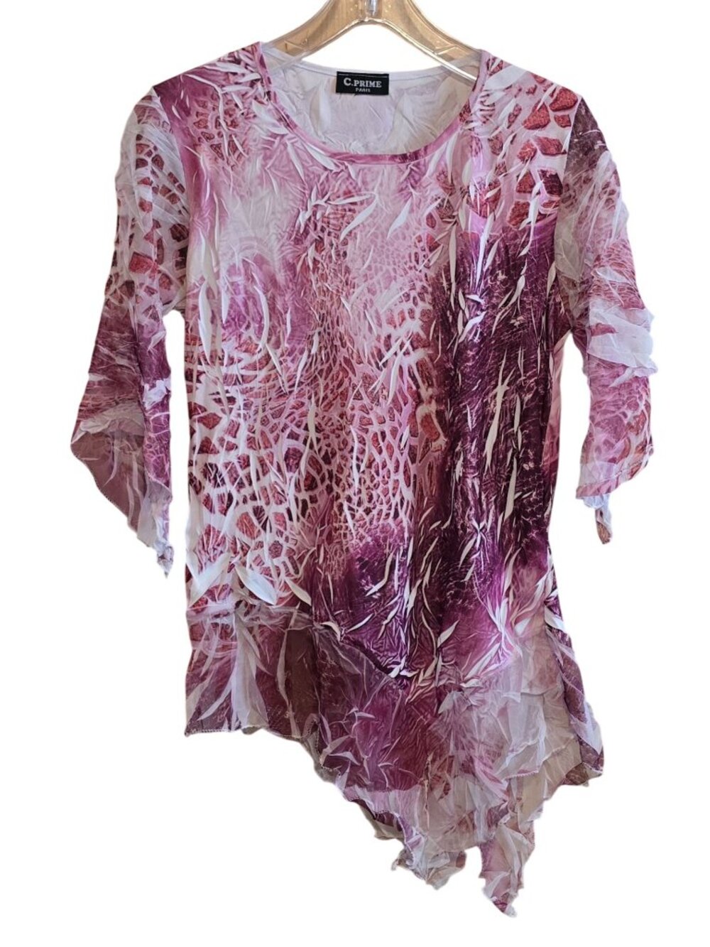C. Prime Paris Asymmetrical Sheer Tunic Pink Abstract Print Lightweight